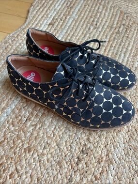 Ellie Black and Beige Polka Geometric Lace-Up Flats